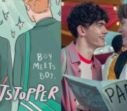 On the left, the cover of Alice Oseman's graphic novel Heartstopper volume 1. On the right, Joe Locke and Kit Connor as Charlie Spring and Nick Nelson in Heartstopper season 2