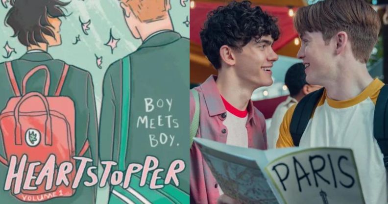 On the left, the cover of Alice Oseman's graphic novel Heartstopper volume 1. On the right, Joe Locke and Kit Connor as Charlie Spring and Nick Nelson in Heartstopper season 2
