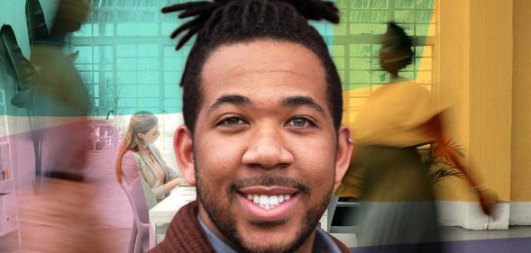 This is an image of JAKE Small. He has his hair in dreads and is smiling. He is superimposed on a colourful graphic depicting Gen Z in the workplace.