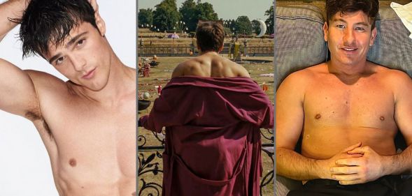 Three photos: on the left, Jacob Elordi topless. On the right, Barry Keoghan topless. In the middle, a still of new film Saltburn, showing Jacob Elordi from behind.