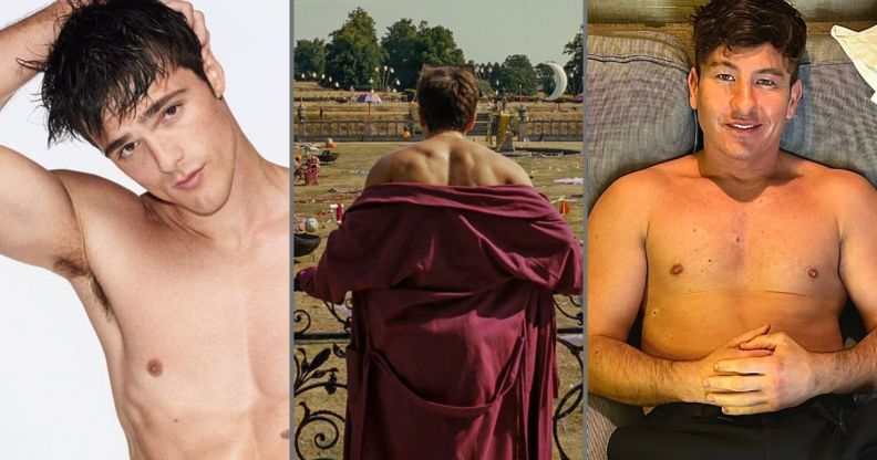 Three photos: on the left, Jacob Elordi topless. On the right, Barry Keoghan topless. In the middle, a still of new film Saltburn, showing Jacob Elordi from behind.