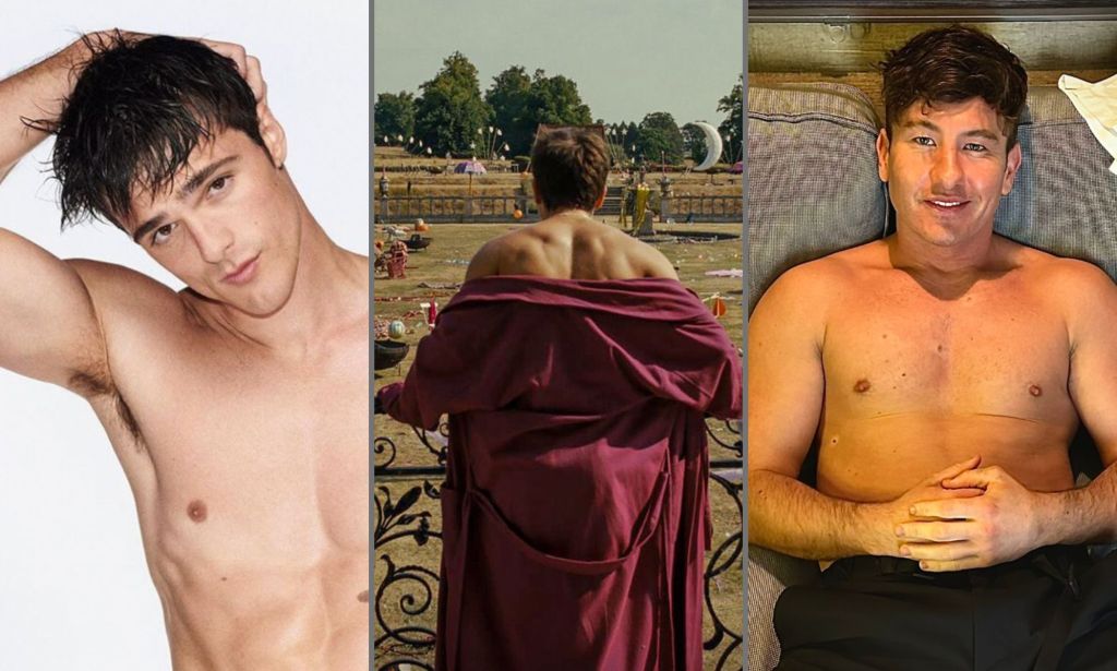 Three photos: on the left, Jacob Elordi topless. On the right, Barry Keoghan topless. In the middle, a still of new film Saltburn, showing Jacob Elordi from behind.