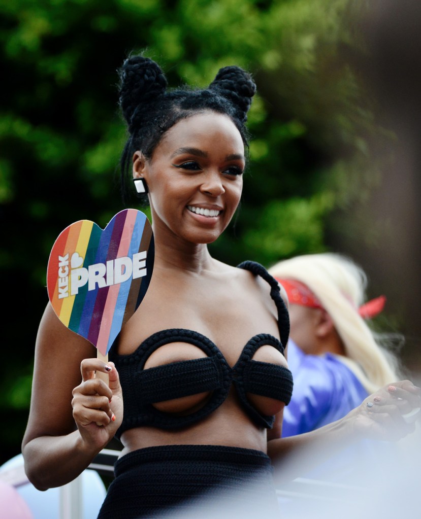 Janelle Monáe performs on the ACLU of Southern California Community Grand Marshal float at the 2023 LA Pride Parade on June 11, 2023 