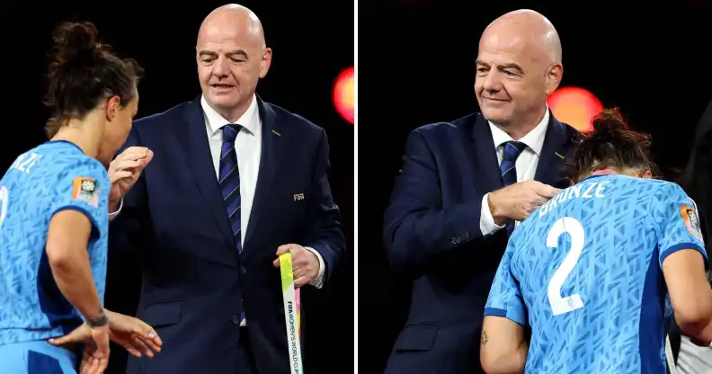 Lucy Bronze appears to snub FIFA boss Gianni Infantino during the 2023 Women's World Cup final's medal ceremony.