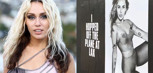 On the left, Miley Cyrus wearing a purple top with silver chains. On the right, a still from a TikTok showing Miley Cyrus posters teasing new music.