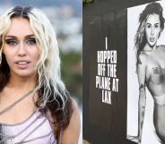 On the left, Miley Cyrus wearing a purple top with silver chains. On the right, a still from a TikTok showing Miley Cyrus posters teasing new music.