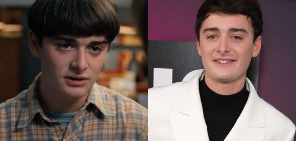 On the left, a still of Will Byers in season four of Stranger Things. on the right, Noah Schnapp wearing a black shirt and a white blazer.