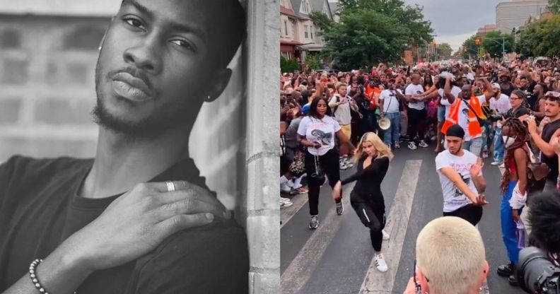 A composite image of gay stabbing victim O'Shae Sibley (left) and a screenshot of people dancing and voguing at a vigil held at the scene of the killing