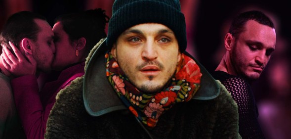 Franz Rogowski as Tomas in Passages. He is wearing a black jacket, black hat and red scarf as he cycles towards the camera.