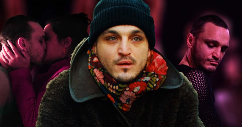 Franz Rogowski as Tomas in Passages. He is wearing a black jacket, black hat and red scarf as he cycles towards the camera.