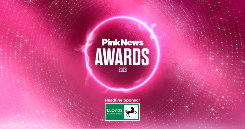 This a graphical image promoting the PinkNews Awards, which is written in white text over a pink background with a flourescent outline.