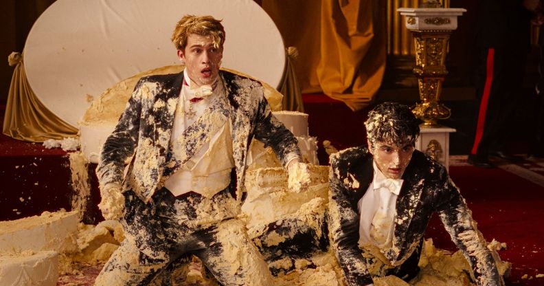 A still from the infamous cake scene in Red, White and Royal Blue.