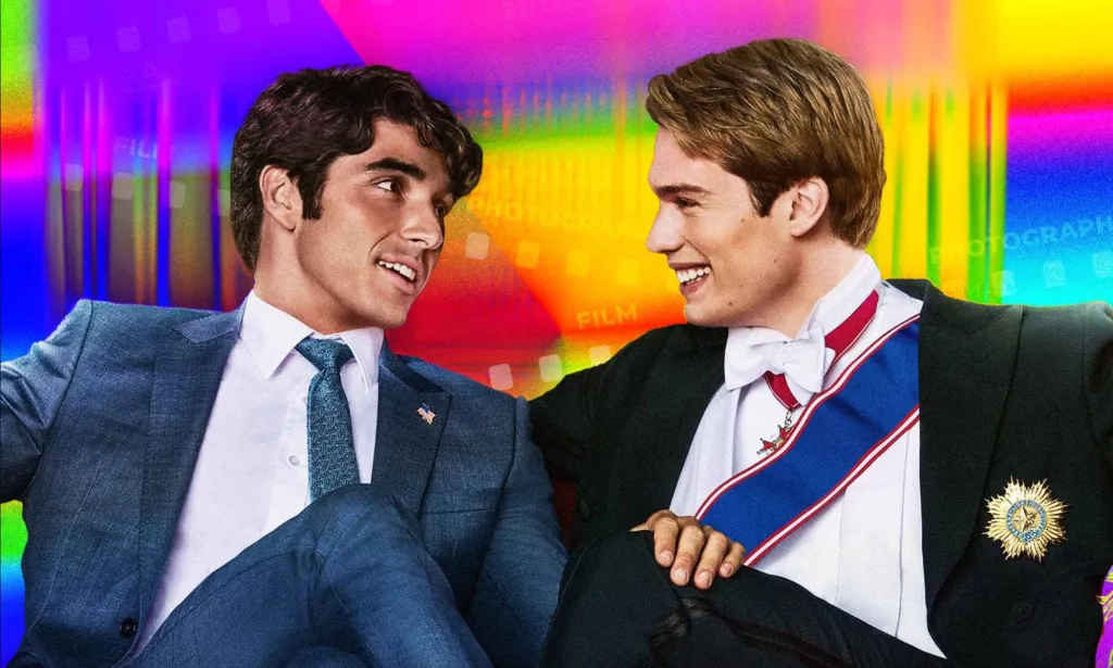Taylor Zakhar Perez and Nicholas Galitzine as Alex Claremont Diaz and Prince Henry in Red, White & Royal Blue.