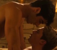 Taylor Zakhar Perez as Alex and Nicholas Galitzine during a gay sex scene in Red White & Royal Blue