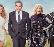 A promotional photo of Eugene Levy as Johnny Rose, Catherine O'Hara as Moira Rose, Daniel Levy as David Rose, Annie Murphy as Alexis Rose in Schitt's Creek.