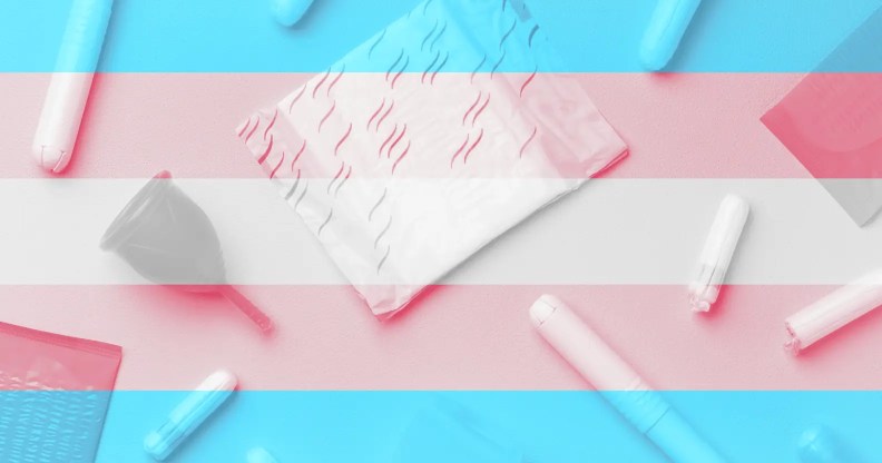 Period products like tampons and sanitary pads with the trans flag overlaid