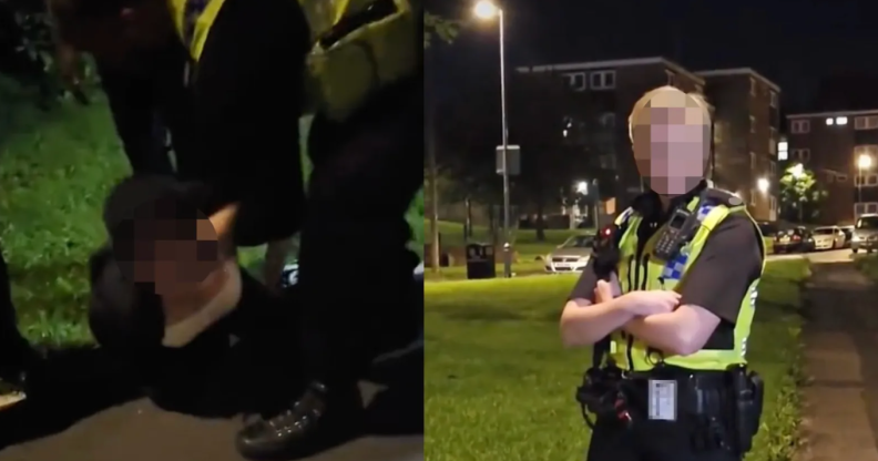 Pixelated images show police officer arresting girl