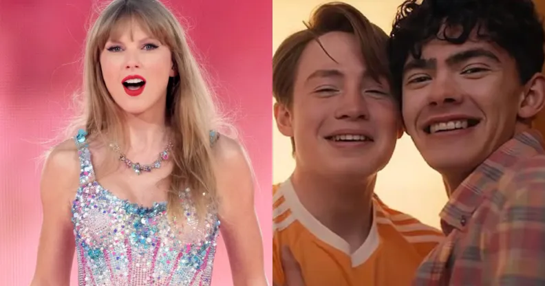 On the left, Taylor Swift performing on her Eras Tour. On the right, Nick and Charlie in Heartstopper.