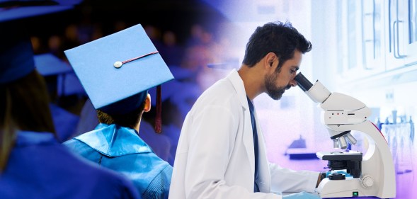 this is a side by side image. On the left side, there is an image of someone graduating. They are wearing the traditional cap and gown and those are in blue. On the right sight, there is an image of someone working in a medical lab. They are wearing a white lab coat and blue gloves while looking into a microscope.