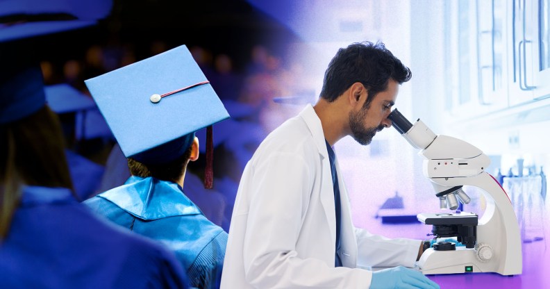 this is a side by side image. On the left side, there is an image of someone graduating. They are wearing the traditional cap and gown and those are in blue. On the right sight, there is an image of someone working in a medical lab. They are wearing a white lab coat and blue gloves while looking into a microscope.