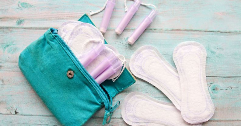 Bag containing period products including tampons and sanitary pads