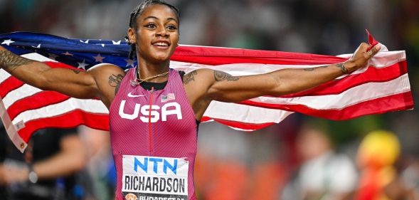 Sha'Carri Richardson of the United States celebrating first place competing in 100m Women Final during Day 3 of the World Athletics Championships Budapest 2023