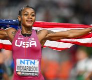 Sha'Carri Richardson of the United States celebrating first place competing in 100m Women Final during Day 3 of the World Athletics Championships Budapest 2023