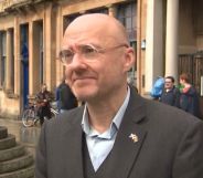 MSP Patrick Harvie looks at the camera during a live TV broadcast