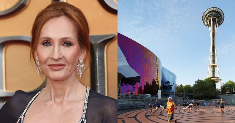 Composite image of JK Rowling at a red carpet event and the Museum of Pop Culture in Seattle, USA