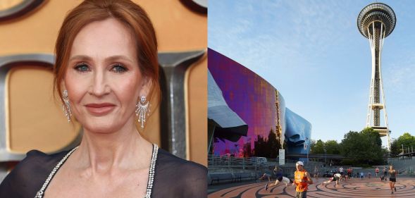Composite image of JK Rowling at a red carpet event and the Museum of Pop Culture in Seattle, USA