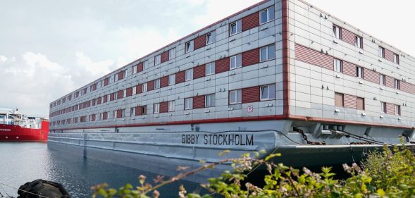 A view of the Bibby Stockholm accommodation barge, that will host up to 500 migrants, at Portland Port in England