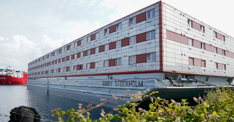 A view of the Bibby Stockholm accommodation barge, that will host up to 500 migrants, at Portland Port in England