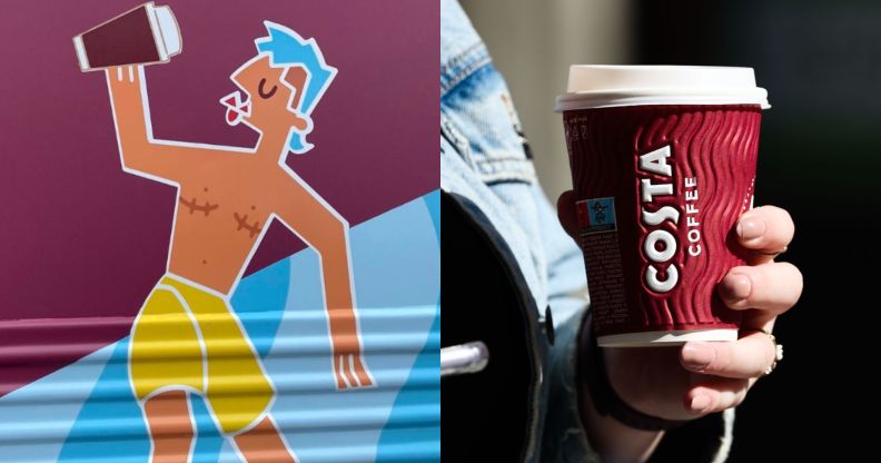 Composite image of illustration of trans man drinking a coffee, combined with stock image of Costa Coffee cup