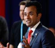 Republican presidential candidate hopeful Vivek Ramaswamy wears a white shit, red tie and blue jacket as he speaks to reporters. The White House hopeful has used his platform to speak out against the LGBTQ+ and trans community in his campaign