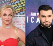 Side by side images of Britney Spears wearing a red outfit and Sam Asghari wearing a dark suit as the couple announce they are getting a divorce