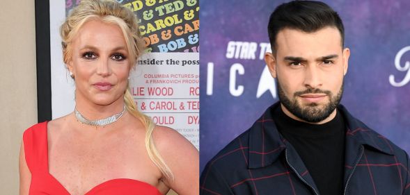 Side by side images of Britney Spears wearing a red outfit and Sam Asghari wearing a dark suit as the couple announce they are getting a divorce