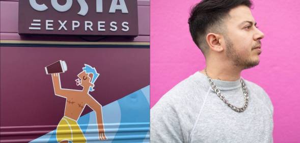On the left is a photo of an illustration taken at a Costa which shows a trans masculine person drinking coffee. On the right is a picture of Fox Fisher, a non-binary, trans masculine artist. They are pictured against a pink background and are wearing a grey sweatshirt.