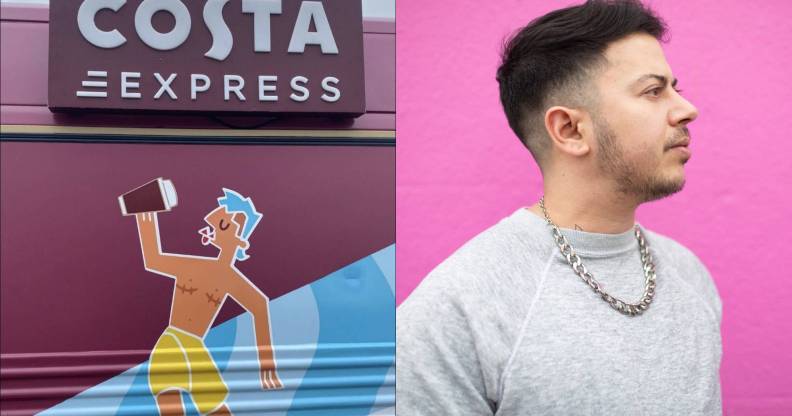 On the left is a photo of an illustration taken at a Costa which shows a trans masculine person drinking coffee. On the right is a picture of Fox Fisher, a non-binary, trans masculine artist. They are pictured against a pink background and are wearing a grey sweatshirt.