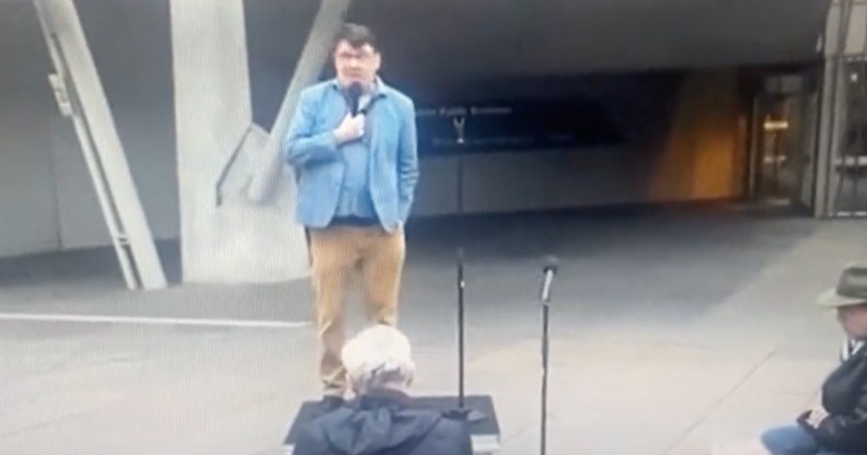 Graham Linehan performs to small crowd on street