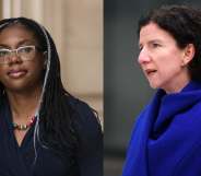On the left Kemi Badenoch is pictured walking out of government buildings. On the right Anneliese Dodds is pictured speaking to the press.