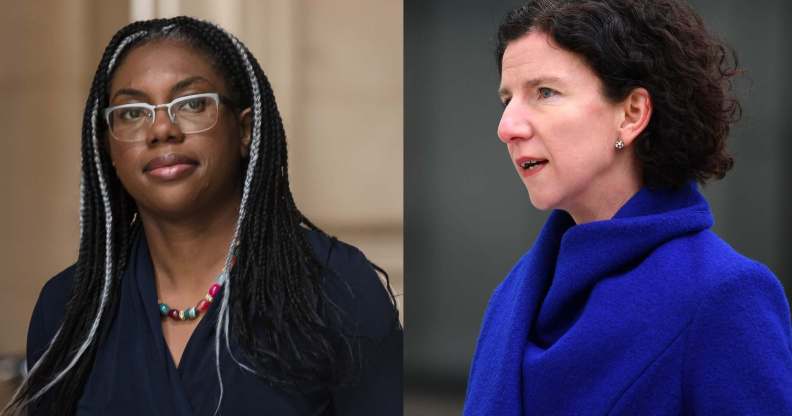 On the left Kemi Badenoch is pictured walking out of government buildings. On the right Anneliese Dodds is pictured speaking to the press.