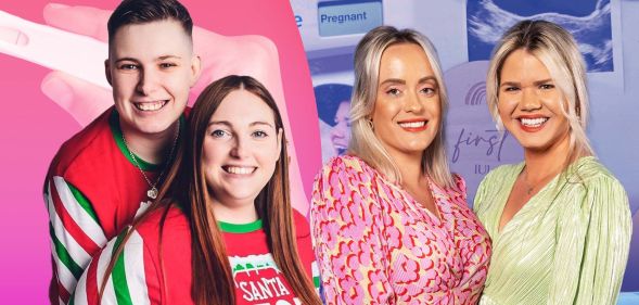 Queer couples Danielle and Natalie as well as Megan and Whitney Bacon-Evans pose next to each other with pink and blue images of pregnancy tests are seen behind them to illustrate their fertility journey