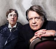 This graphic shows Oscar Wilde on the left against an edited grey background. On the right is Merlin Holland, his grandson, sitting on a chair and staring into the camera.