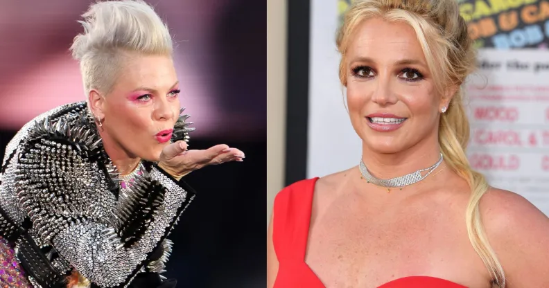 Side by side images of the singer Pink blowing a kiss during a concert and an image of Britney Spears smiling for the camera while wearing a red dress