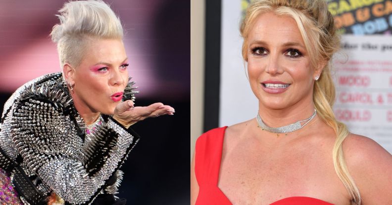 Side by side images of the singer Pink blowing a kiss during a concert and an image of Britney Spears smiling for the camera while wearing a red dress