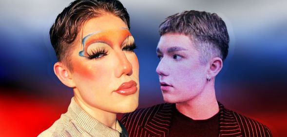 Pictures of gay Russian university student, Max, in makeup and just looking to the side in front of the white, blue and red stripes of the flag of Russia