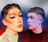 Pictures of gay Russian university student, Max, in makeup and just looking to the side in front of the white, blue and red stripes of the flag of Russia