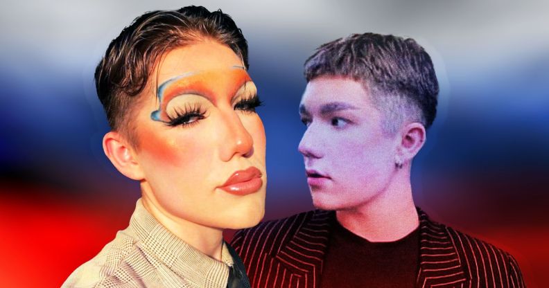 Pictures of gay Russian university student, Max, in makeup and just looking to the side in front of the white, blue and red stripes of the flag of Russia