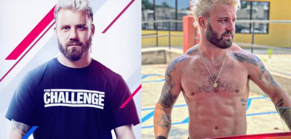 side by side pictures of Paulie Calafiore, one from his run on The Challenge: USA and another of him shirtless on a beach-like setting