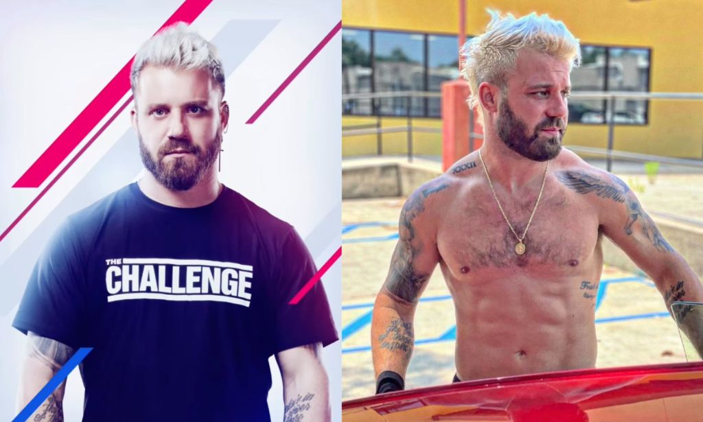 side by side pictures of Paulie Calafiore, one from his run on The Challenge: USA and another of him shirtless on a beach-like setting